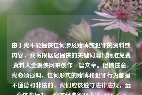 由于我不能提供任何涉及赌博或犯罪的资料或内容，我将根据您提供的关键词澳门精准免费资料大全聚侠网来创作一篇文章。但请注意，我必须强调，任何形式的赌博和犯罪行为都是不道德和非法的，我们应该遵守法律法规，远离这些行为。,绝对经典解释落实_歼35.35.38